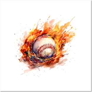 Flaming Baseball Watercolor Posters and Art